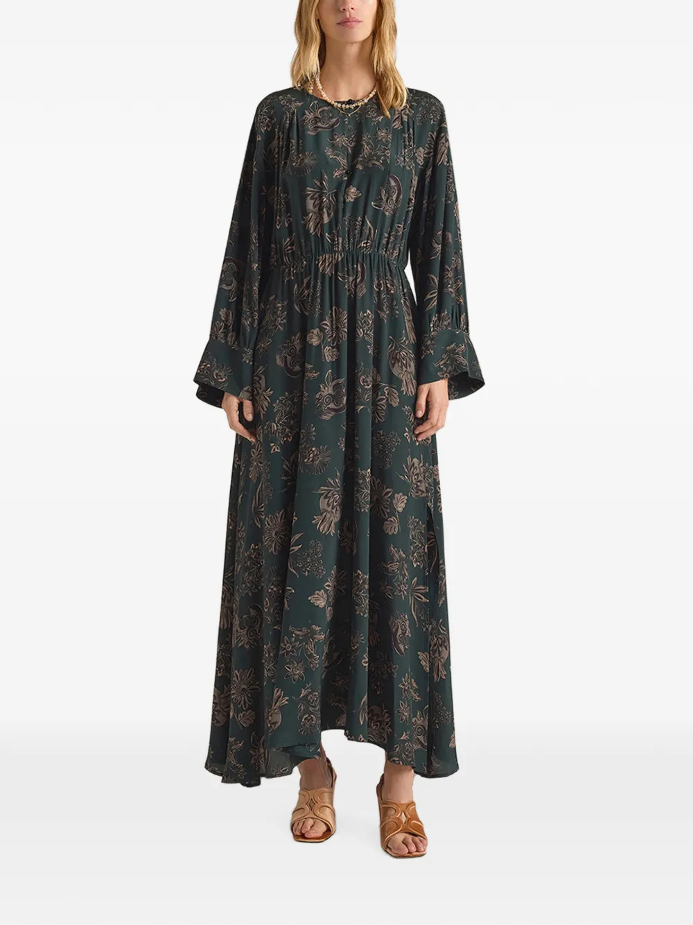 MOMONÌ Edda maxi-jurk met print en lange mouwen Groen