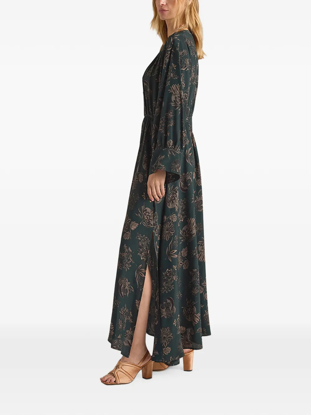 MOMONÌ Edda maxi-jurk met print en lange mouwen Groen