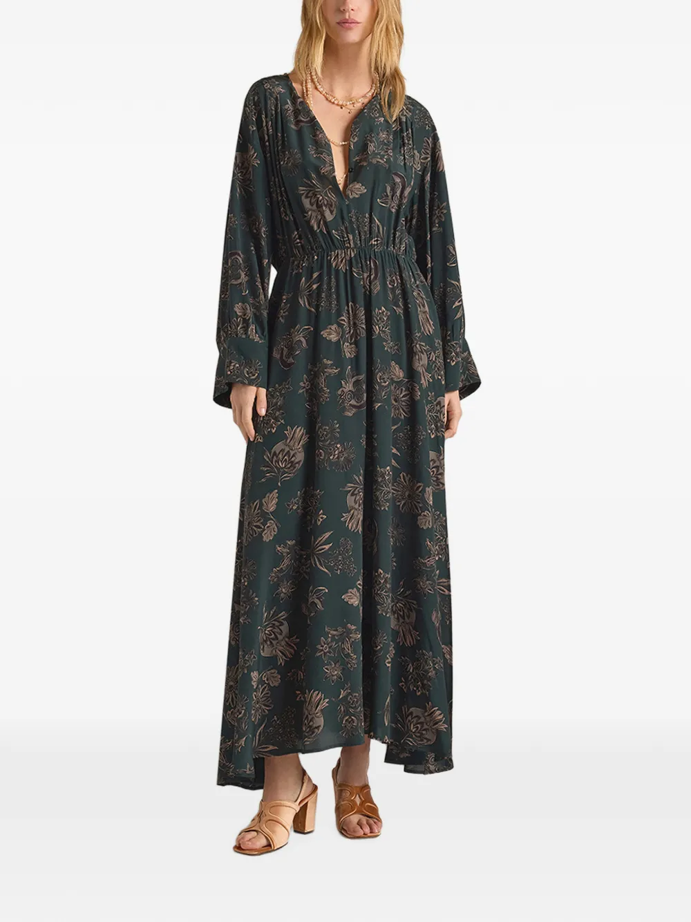 MOMONÌ Edda maxi-jurk met print en lange mouwen Groen