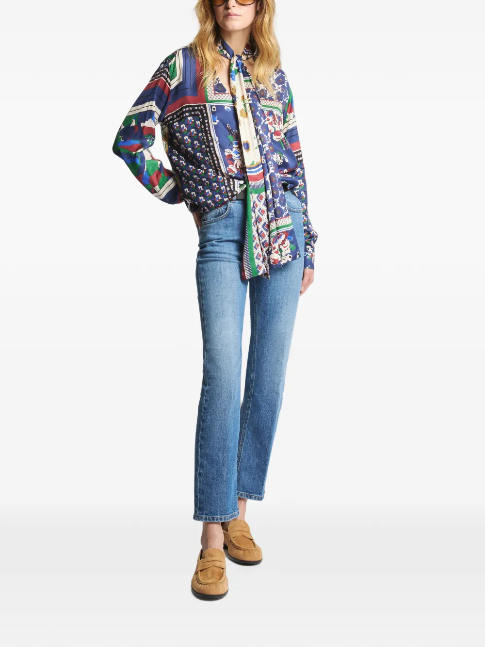 Fay Blouse met patchwork en foulard kraag Blauw