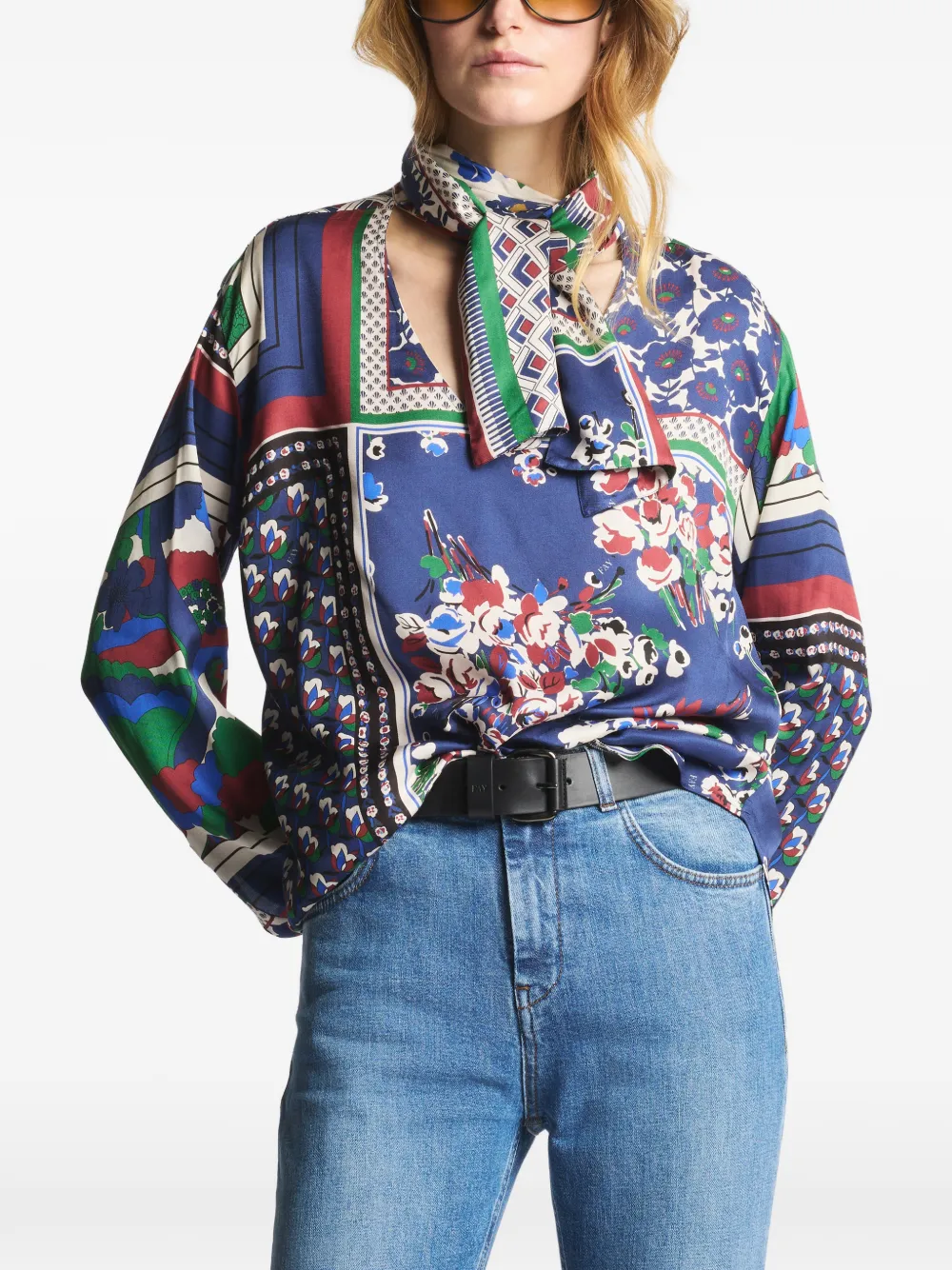Fay Blouse met patchwork en foulard kraag Blauw