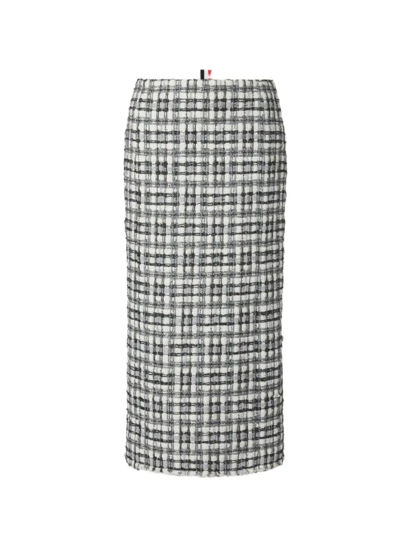 Thom Browne Sheer Organza Ribbon Tweed Pencil Skirt with Fray Edge in Neutrals