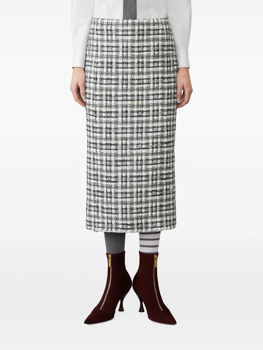 Thom Browne Sheer Organza Ribbon Tweed Pencil Skirt with Fray Edge in Neutrals, view 3
