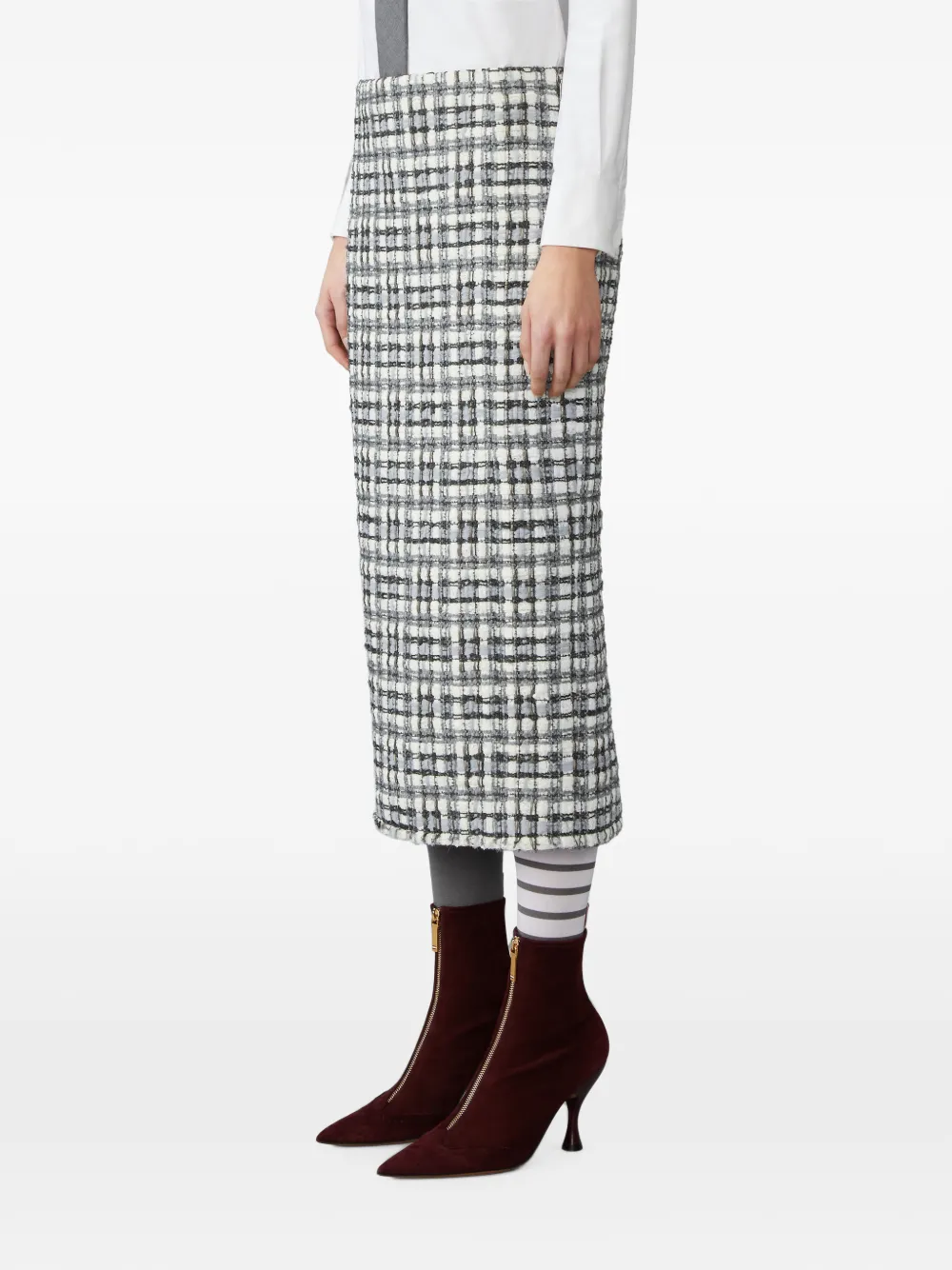 Thom Browne Sheer Organza Ribbon Tweed Pencil Skirt with Fray Edge in Neutrals, view 4