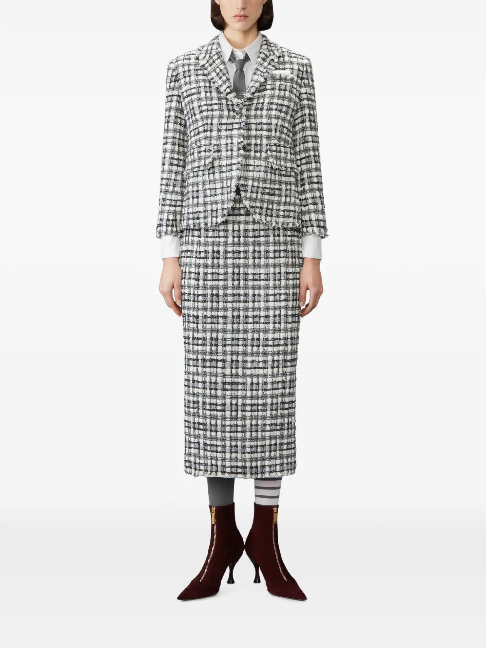Thom Browne Sheer Organza Ribbon Tweed Pencil Skirt with Fray Edge in Neutrals, view 2