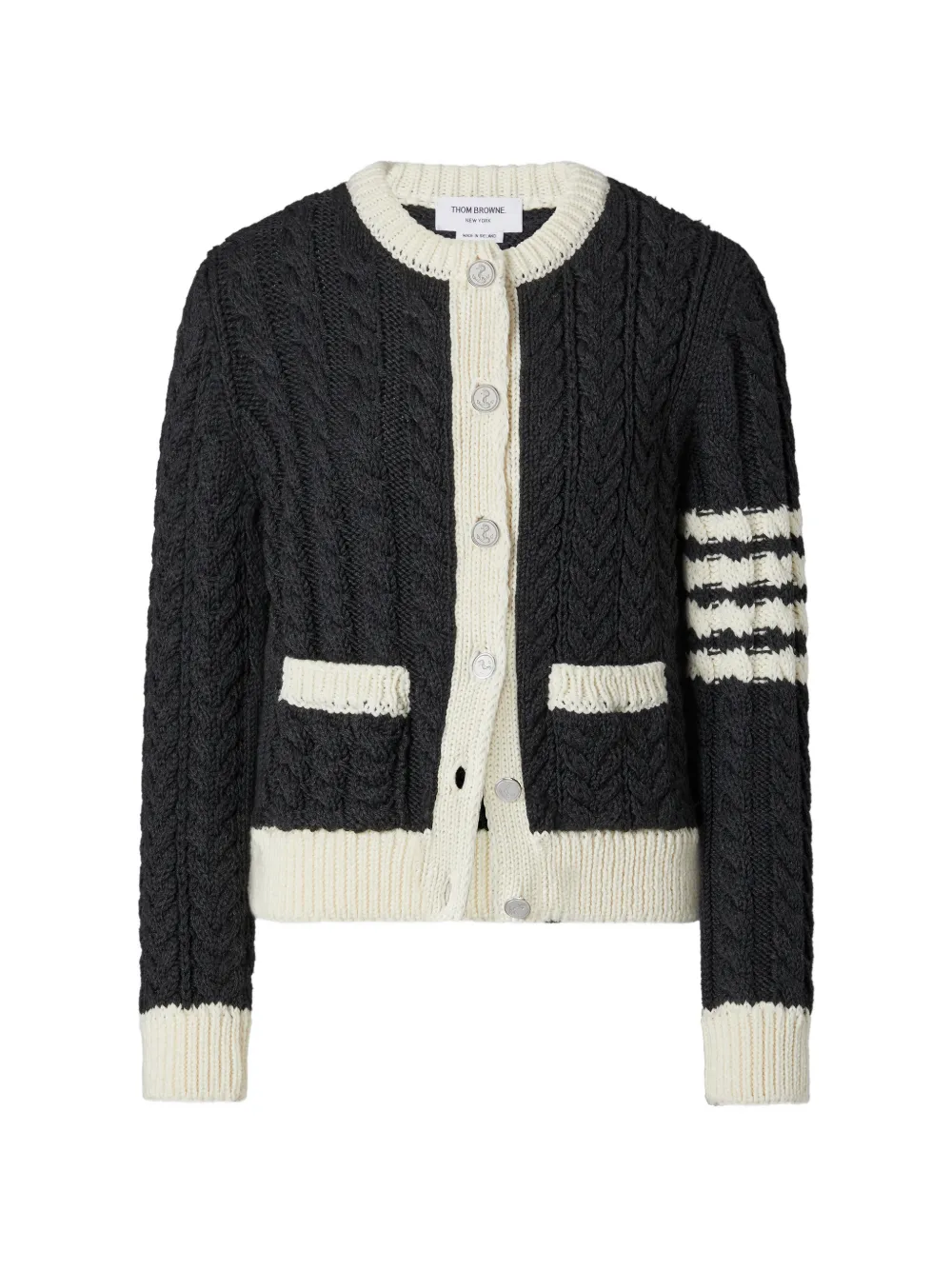 Thom Browne merino-wool 4-bar Aran-cable cardigan - Grigio