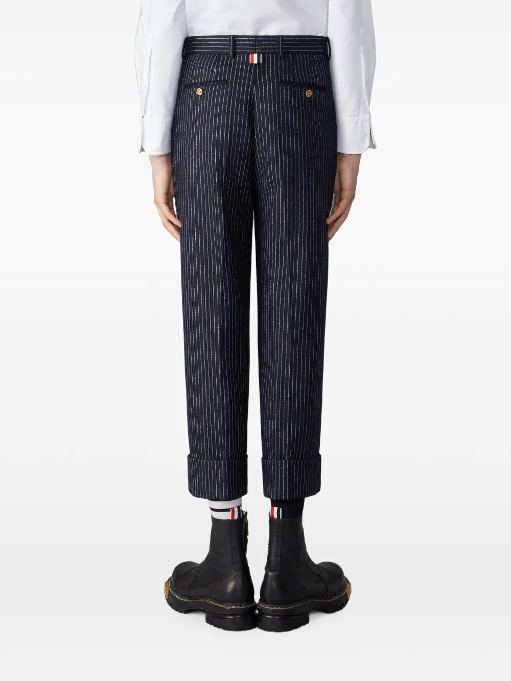 Thom Browne flannel chalk stripe trousers Blauw