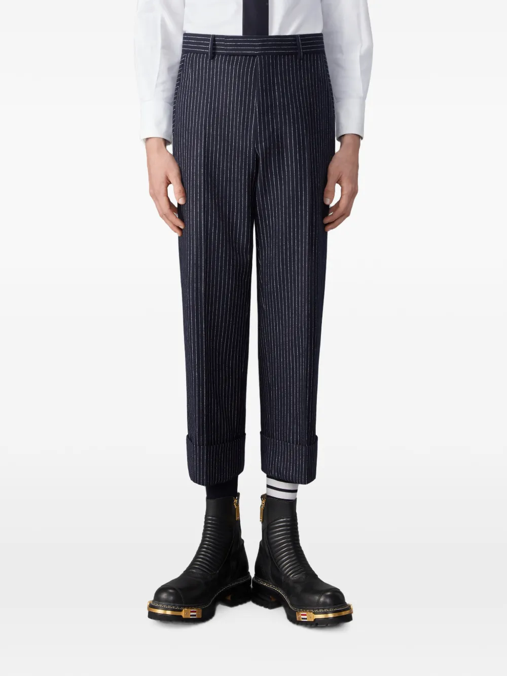 Thom Browne flannel chalk stripe trousers Blauw