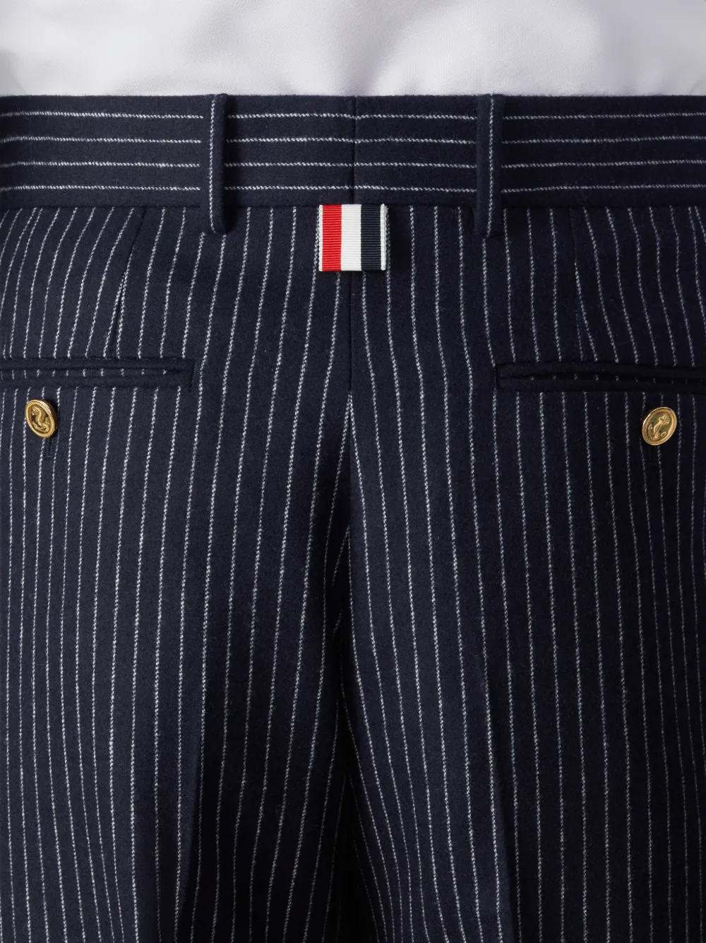 Thom Browne flannel chalk stripe trousers Blauw