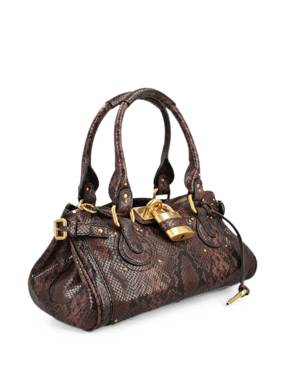 Chloé Paddington Snakeskin-effect Leather Tote Bag in Brown, view 3
