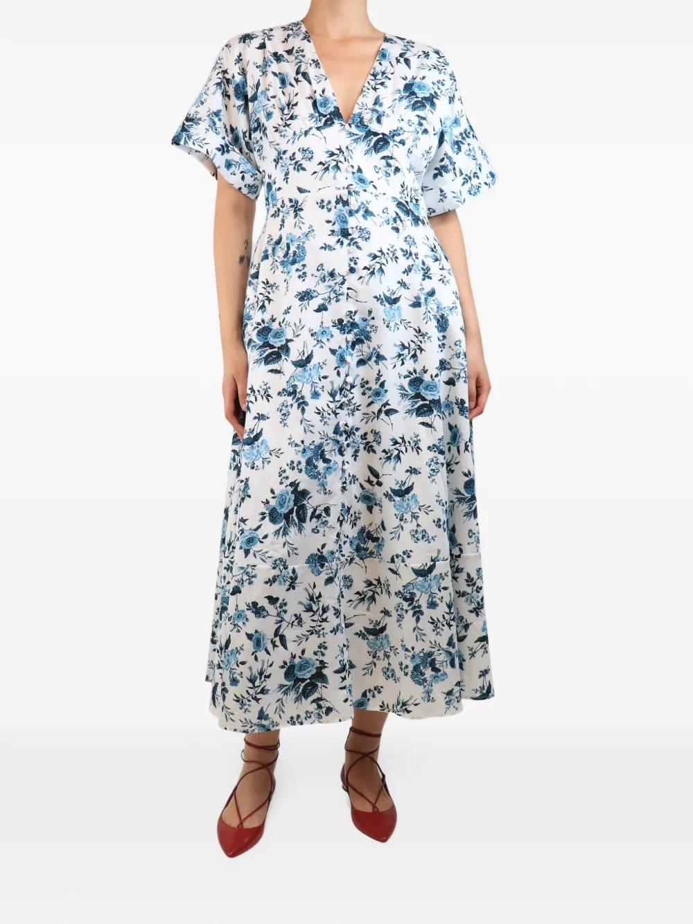 ERDEM floral-print short-sleeved midi dress - White