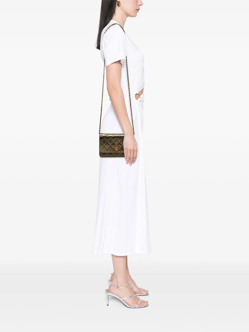  Chanel Pre-owned 2013-2014 Quilted Iridescent Lambskin Tartan Button Wallet On Chain Crossbody Bag - Or 