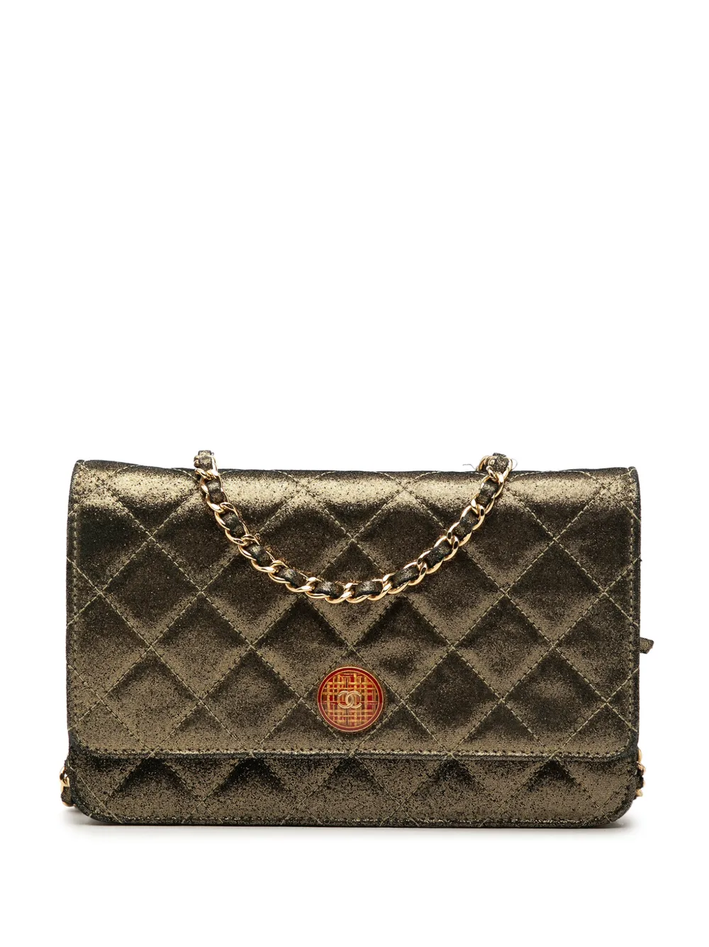 CHANEL Pre-Owned Borsa a tracolla in pelle di agnello iridescente trapuntata con bottone tartan e catena 2013-2014 - Oro