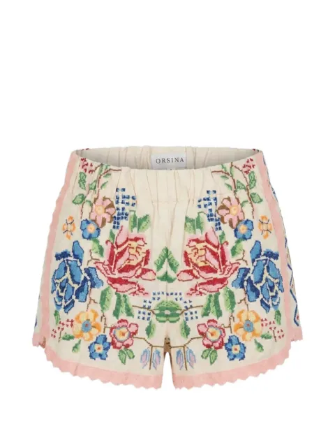 orsina floral-embroidered scalloped shorts