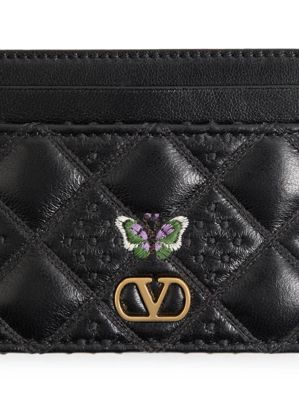 Valentino Garavani Flutterby pasjeshouder van glanzend nappa leer met geborduurde vlinder Zwart