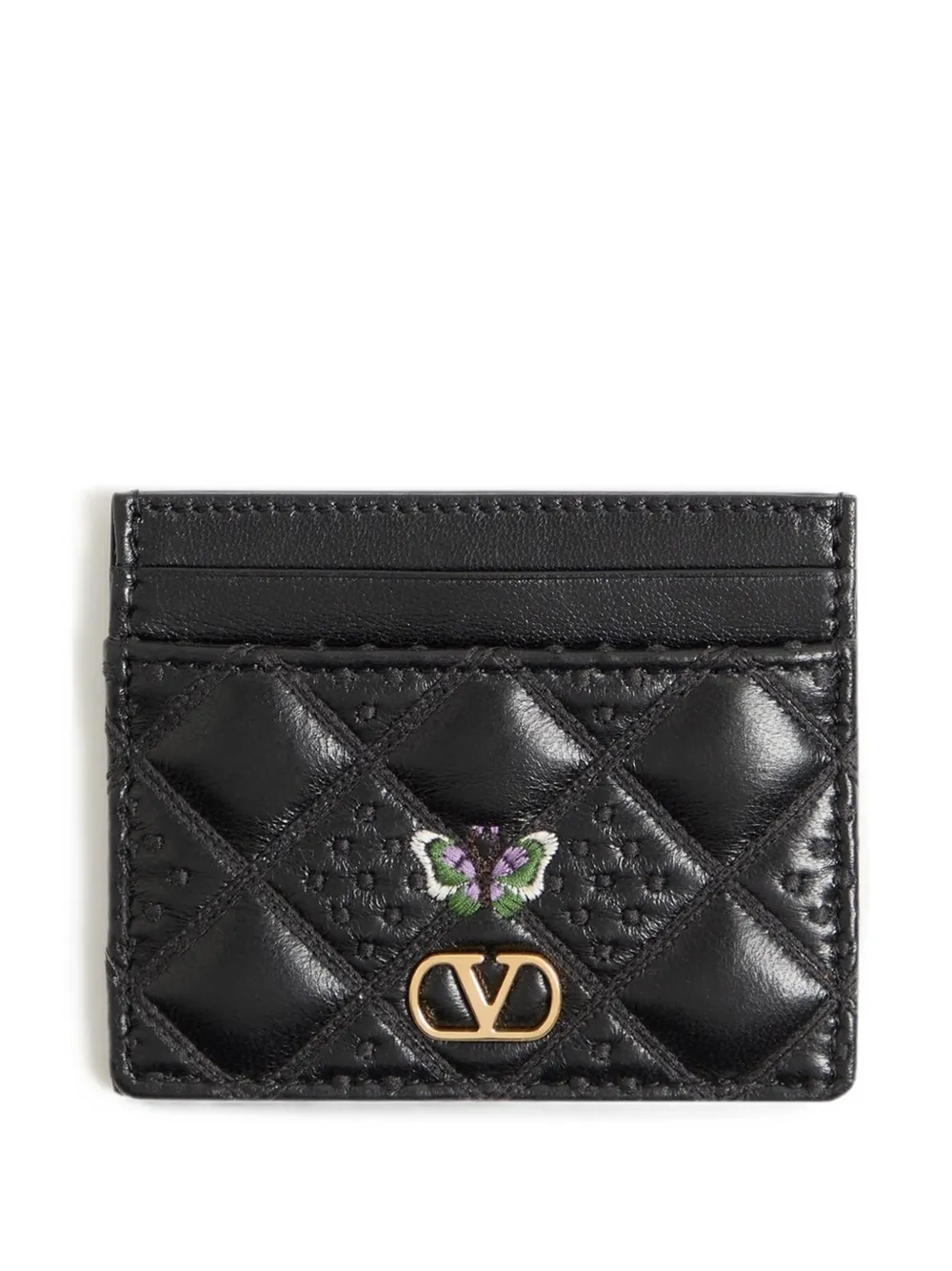 Valentino Garavani Portacarte Flutterby in nappa lucida con ricamo farfalla - Nero