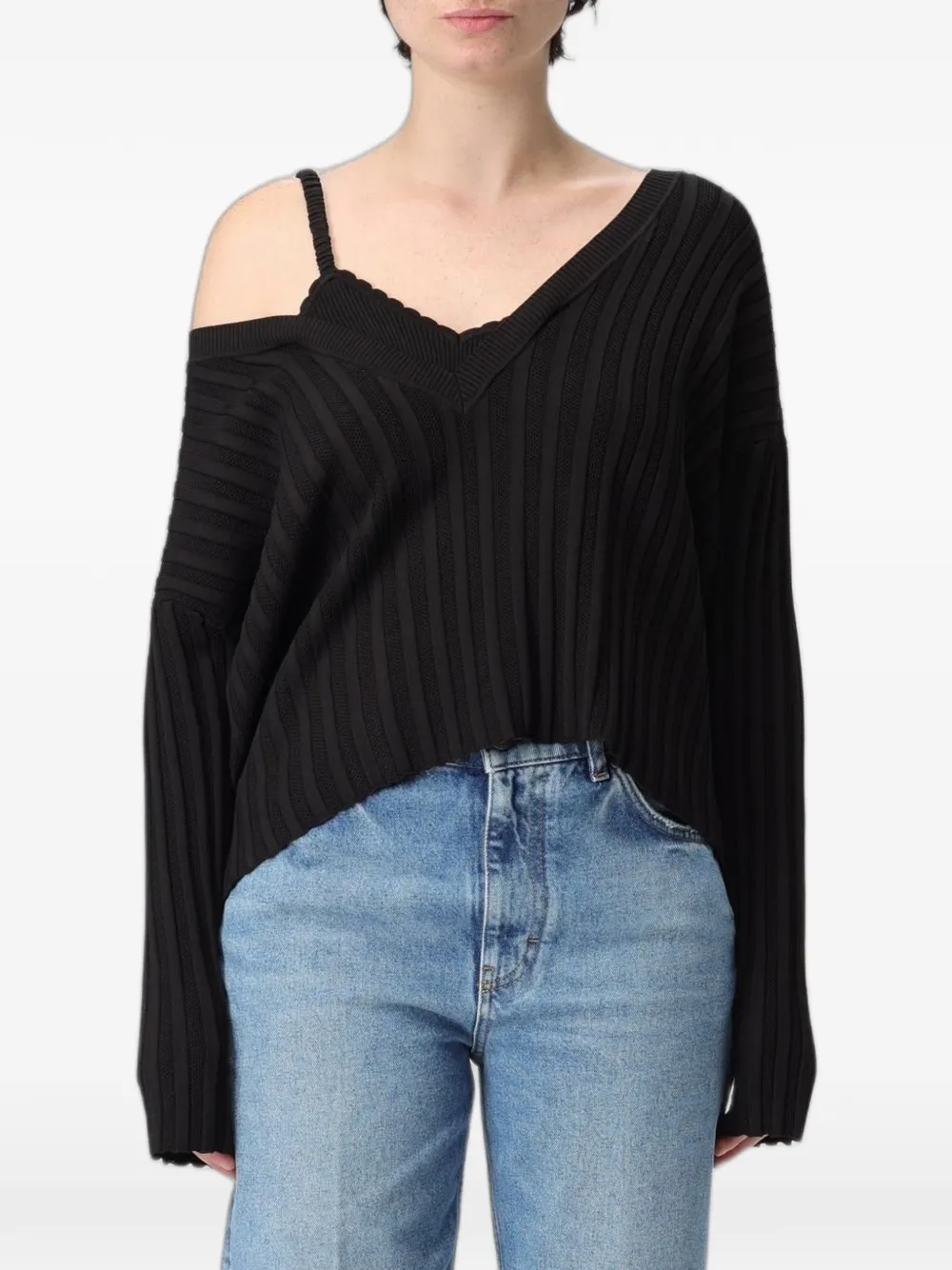 MOSCHINO JEANS cold-shoulder ribbed sweater - Nero