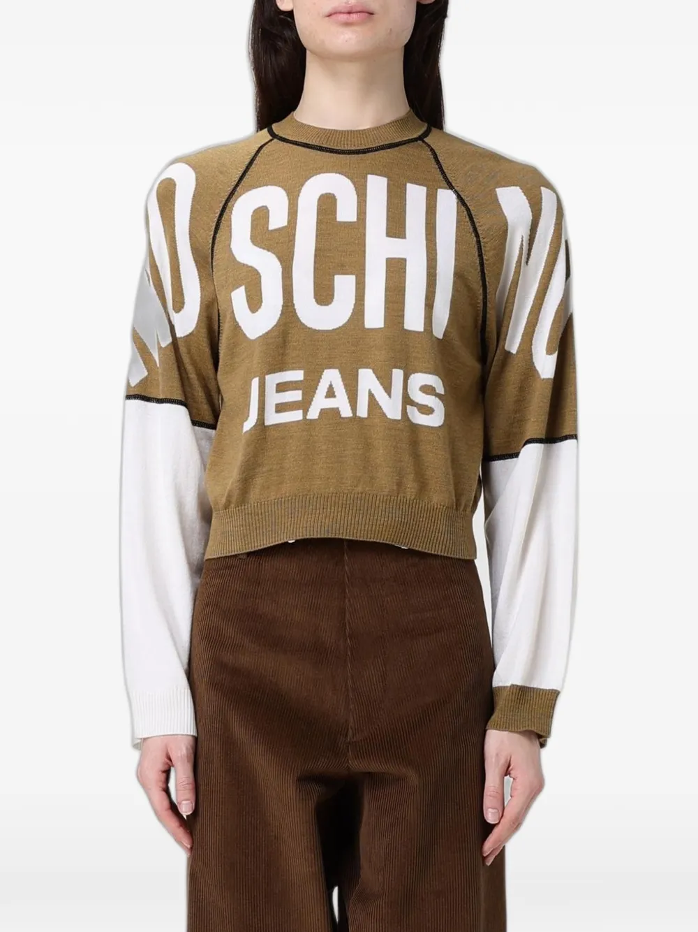 MOSCHINO JEANS logo-intarsia wool crew-neck sweater - Marrone
