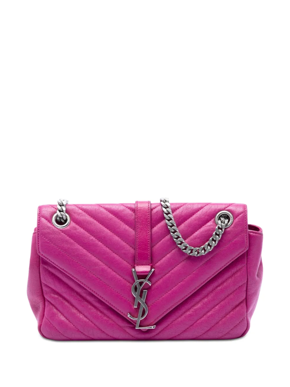 Pre-owned Saint Laurent 2015 Medium Chevron Sheepskin Monogram College Shoulder Bag In Pink