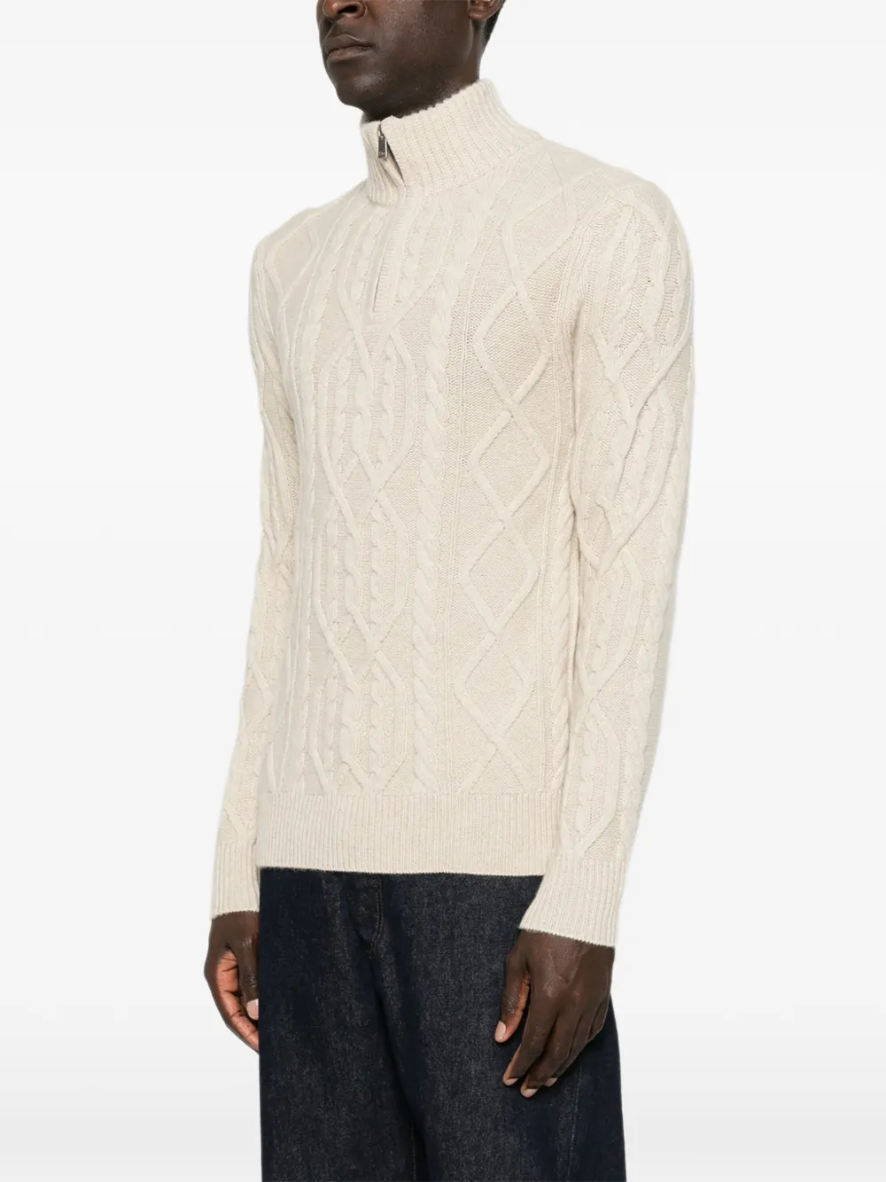 BOMPARD Kabelgebreide trui met ritskraag Beige