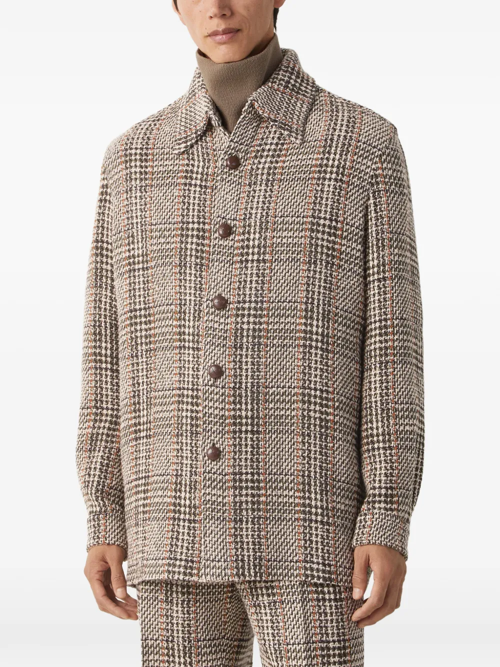 Zegna beige olive green and reddish brown wool and paper yarn blend shirt