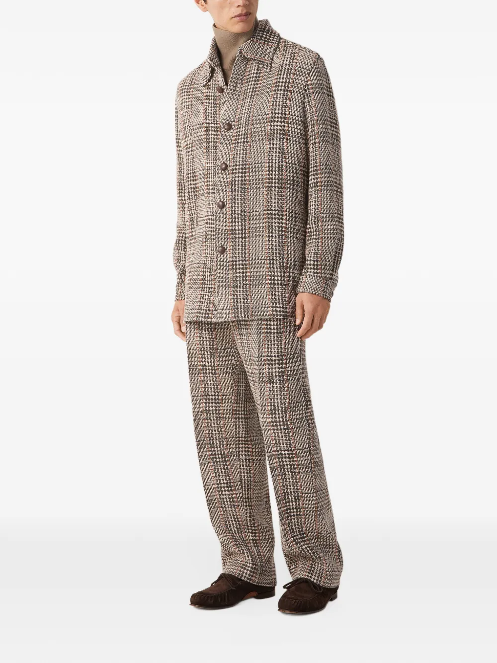 Zegna beige olive green and reddish brown wool and paper yarn blend shirt