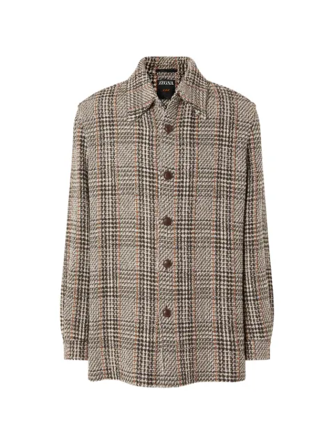 Zegna beige olive green and reddish brown wool and paper yarn blend shirt