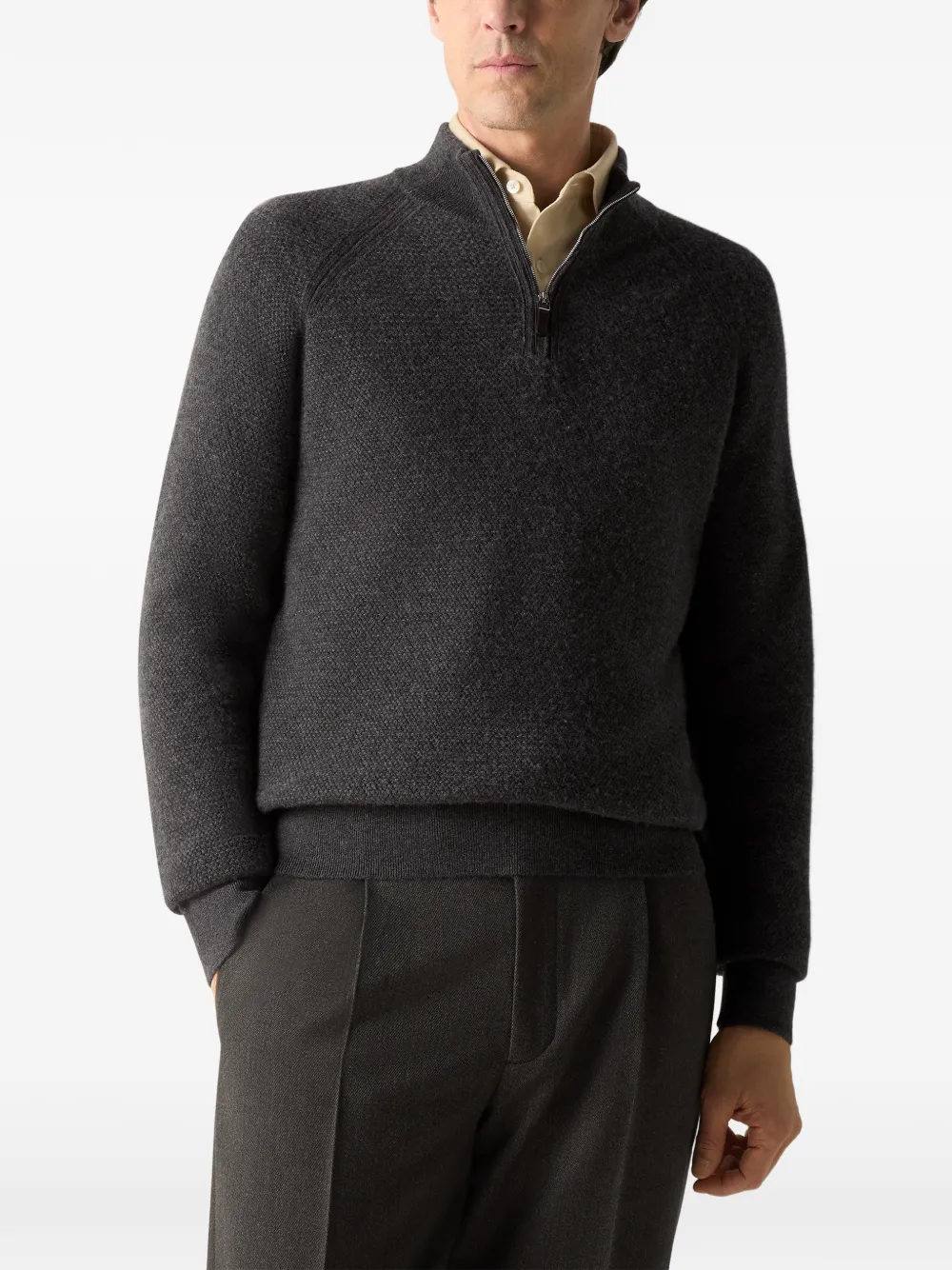 Zegna Donkergrijze mélange Oasi kasjmier trui met rits Grijs