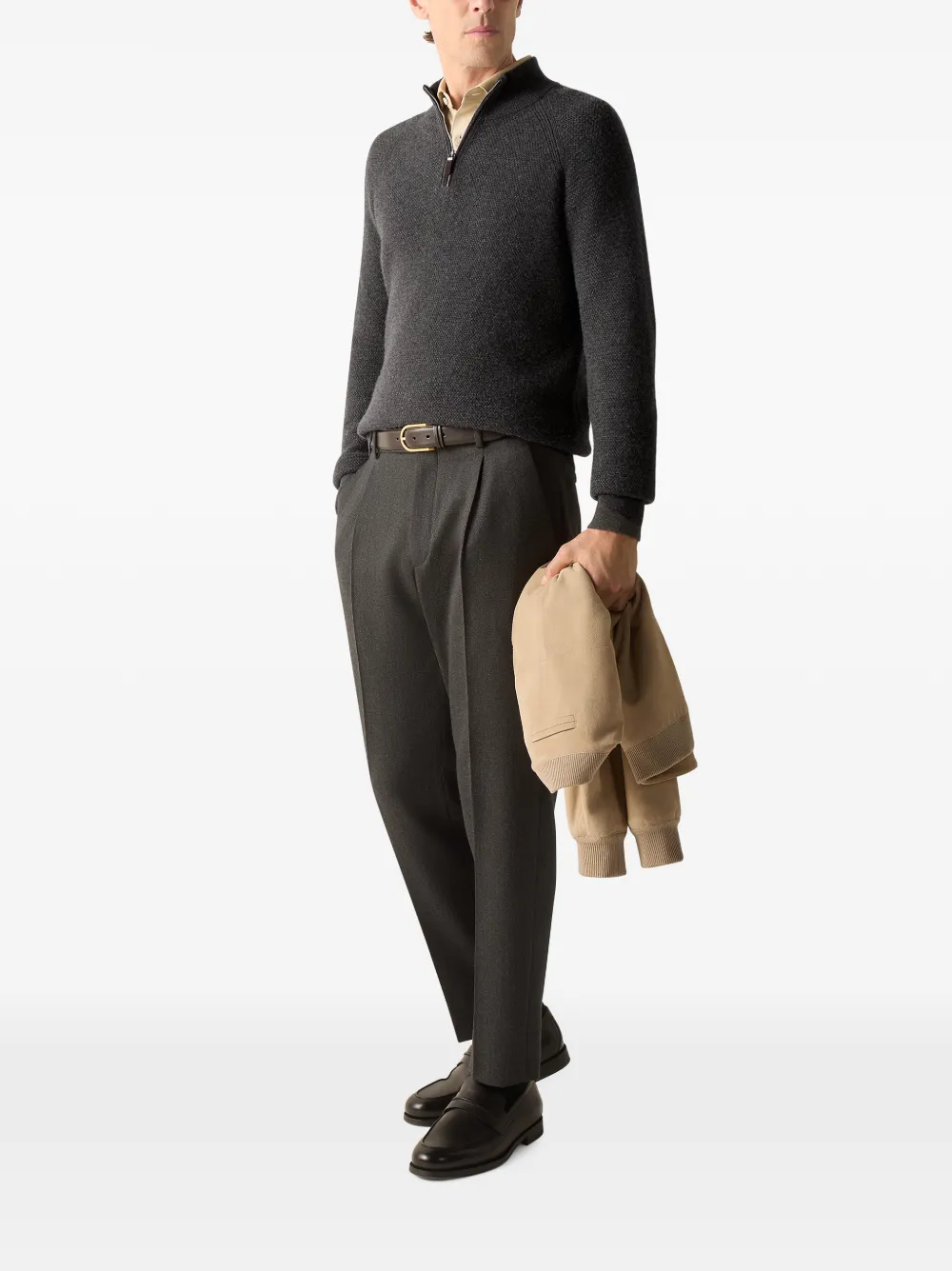 Zegna Donkergrijze mélange Oasi kasjmier trui met rits Grijs