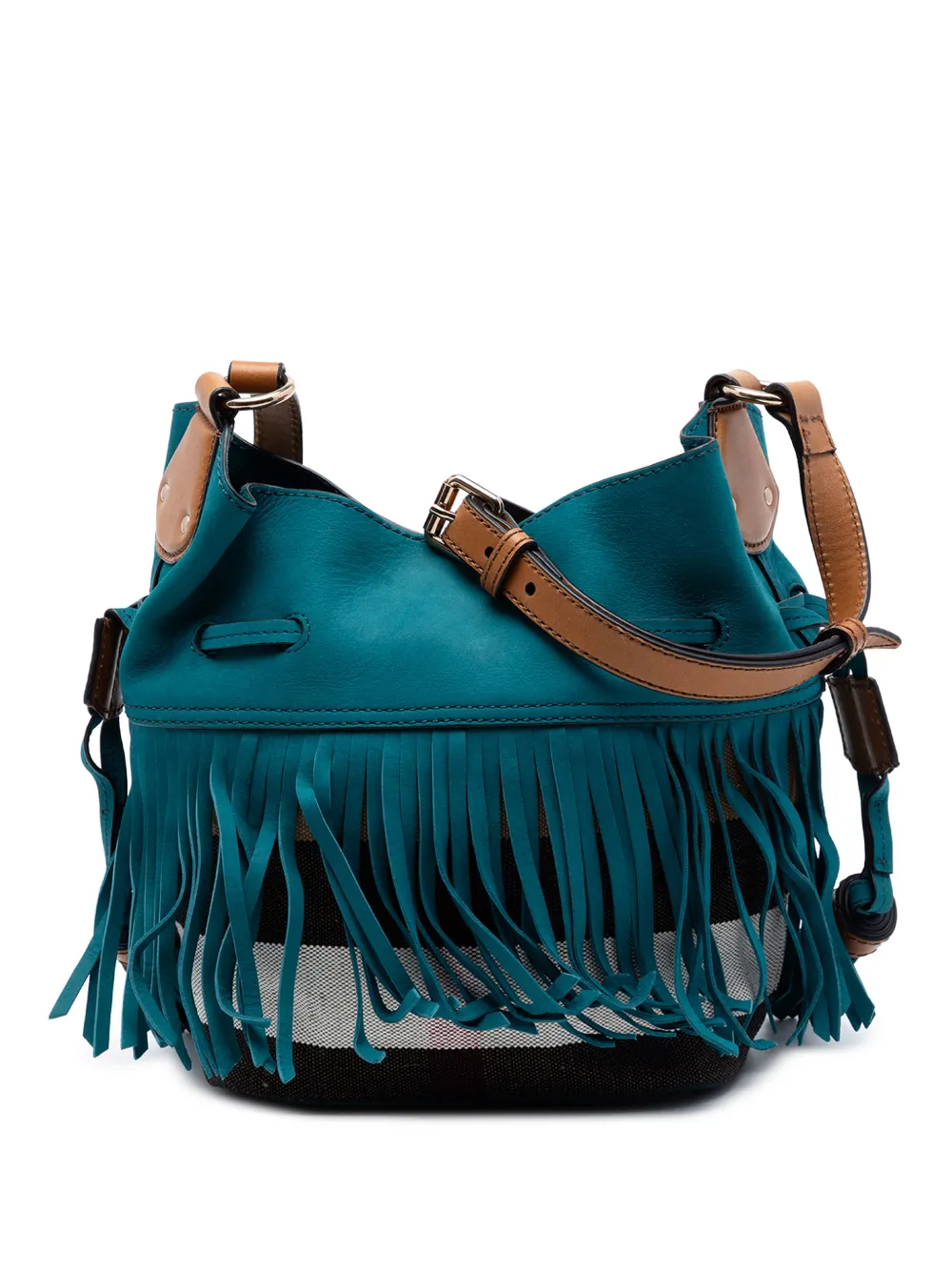 Burberry Pre-Owned Borsa a secchiello Belgrove piccola in tela Mega Check con frange in pelle scamosciata 2000-2017 - Marrone
