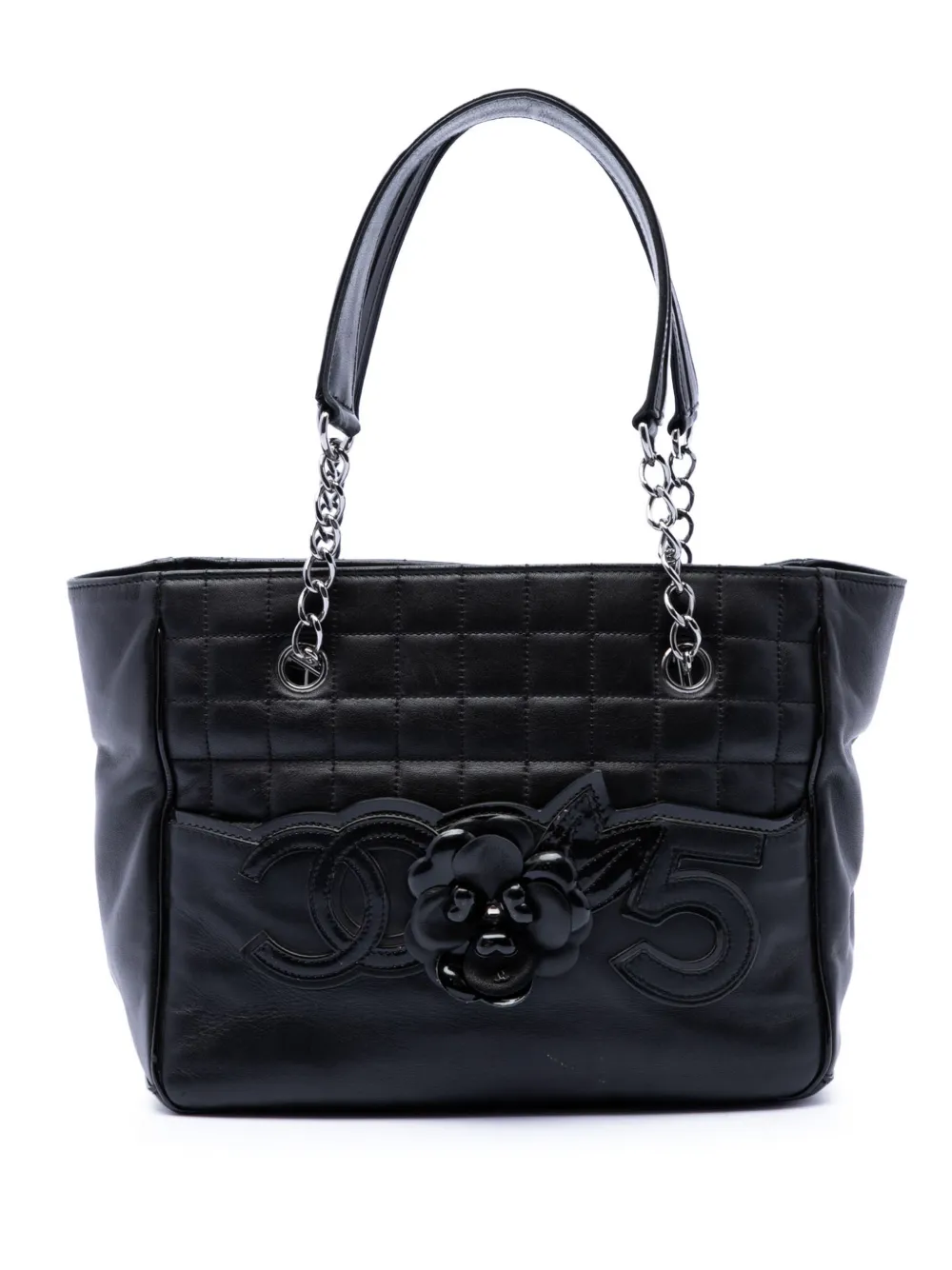 CHANEL Pre-Owned Borsa tote Choco Bar in pelle di agnello con dettaglio camelia e N°5 2005-2006 - Nero