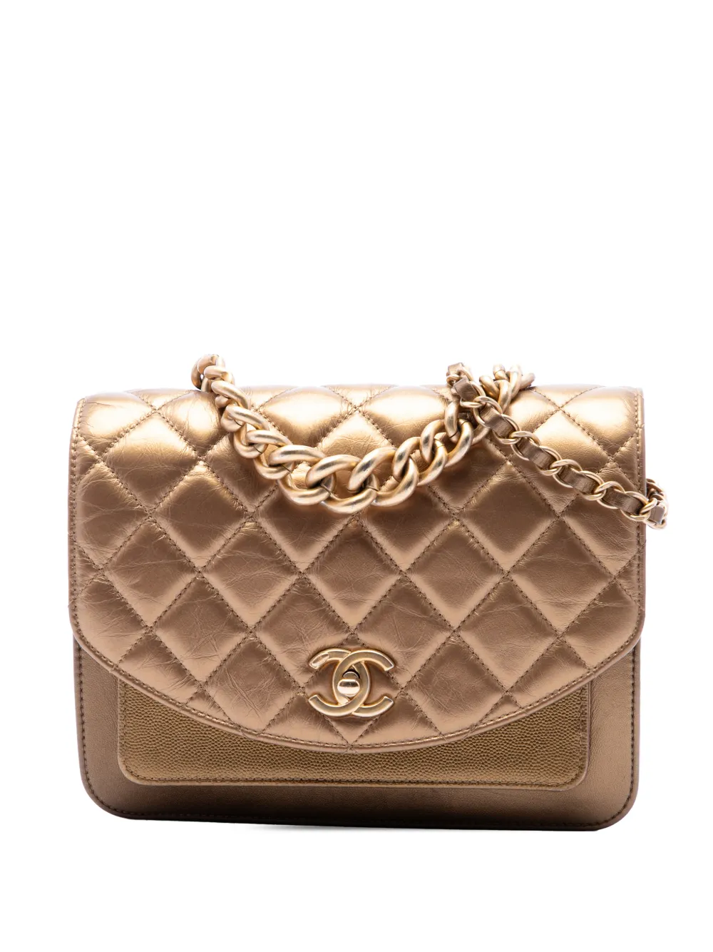CHANEL Pre-Owned Borsa a tracolla piccola in pelle di vitello metallizzata e pelle Caviar con manico e catena 2019 - Oro