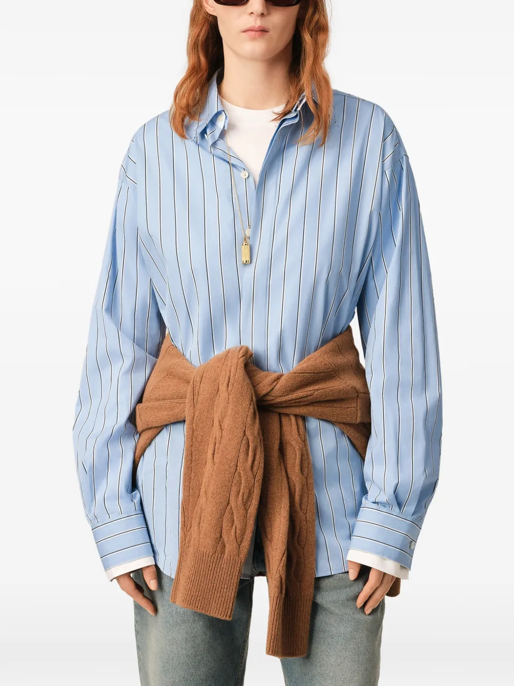 AMI Paris Gestreept katoenen shirt met afneembare kraag Blauw