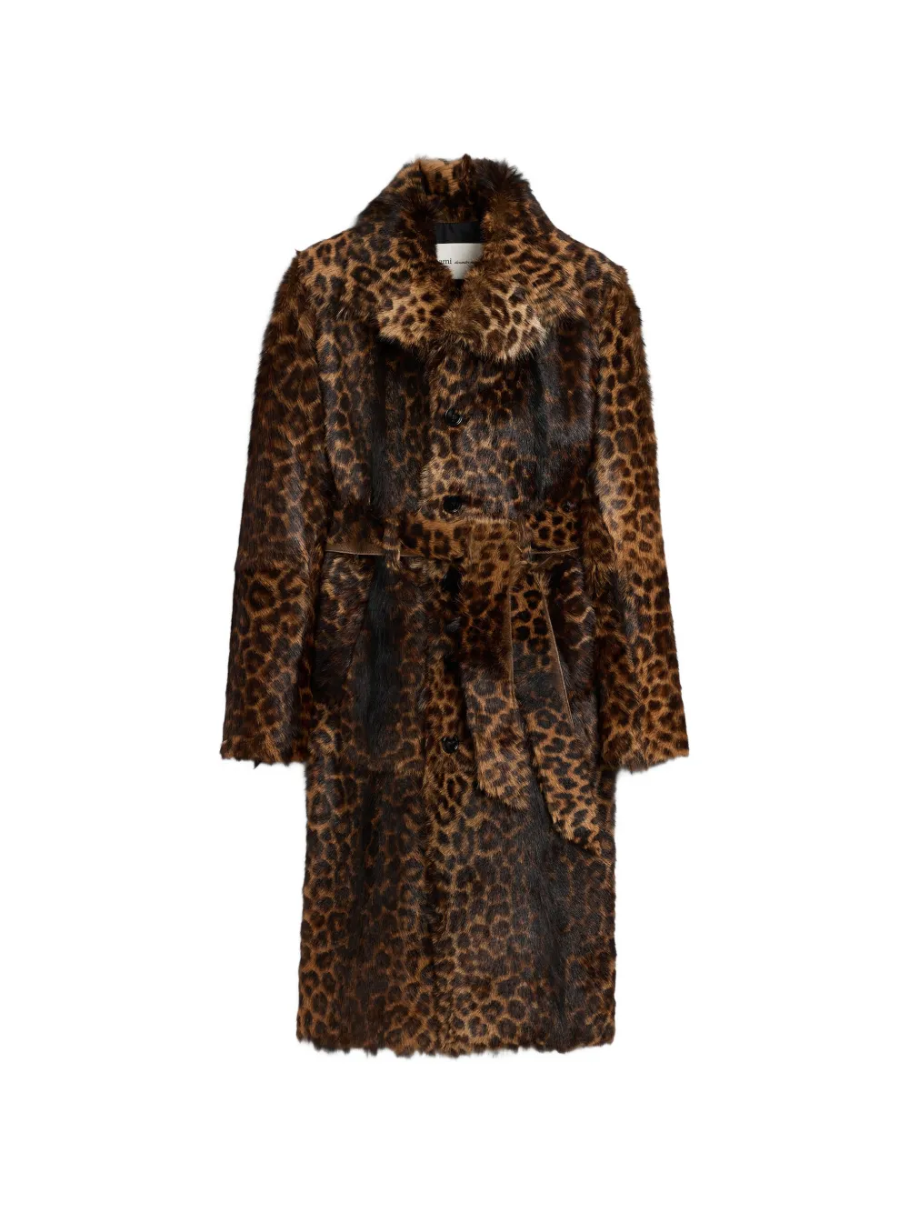 AMI Paris Cappotto lungo in pelle effetto leopardato con cintura - Marrone