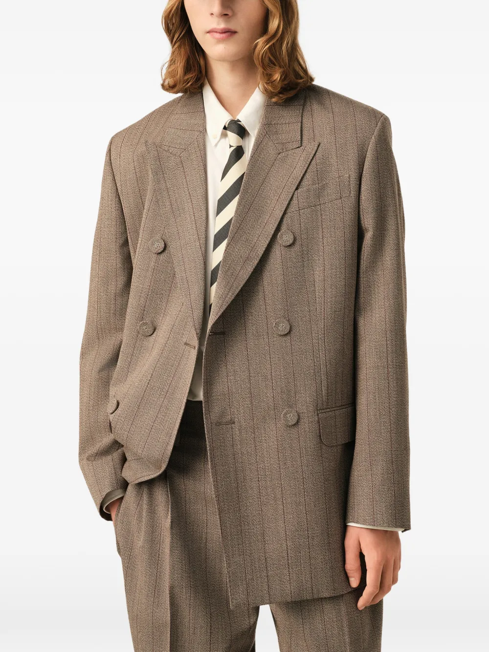 AMI Paris Wollen gestreepte blazer met dubbele rij knopen Bruin