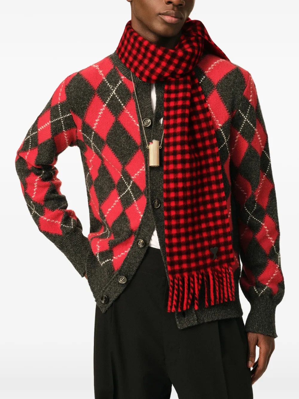 AMI Paris Geruite wollen sjaal met Ami de Coeur Rood