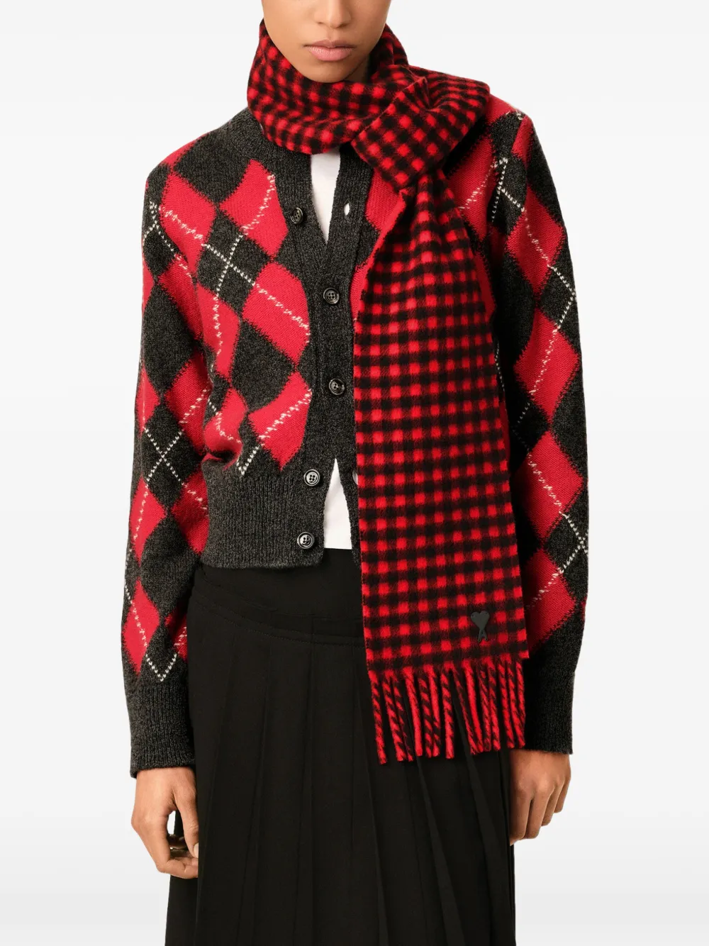 AMI Paris Geruite wollen sjaal met Ami de Coeur Rood