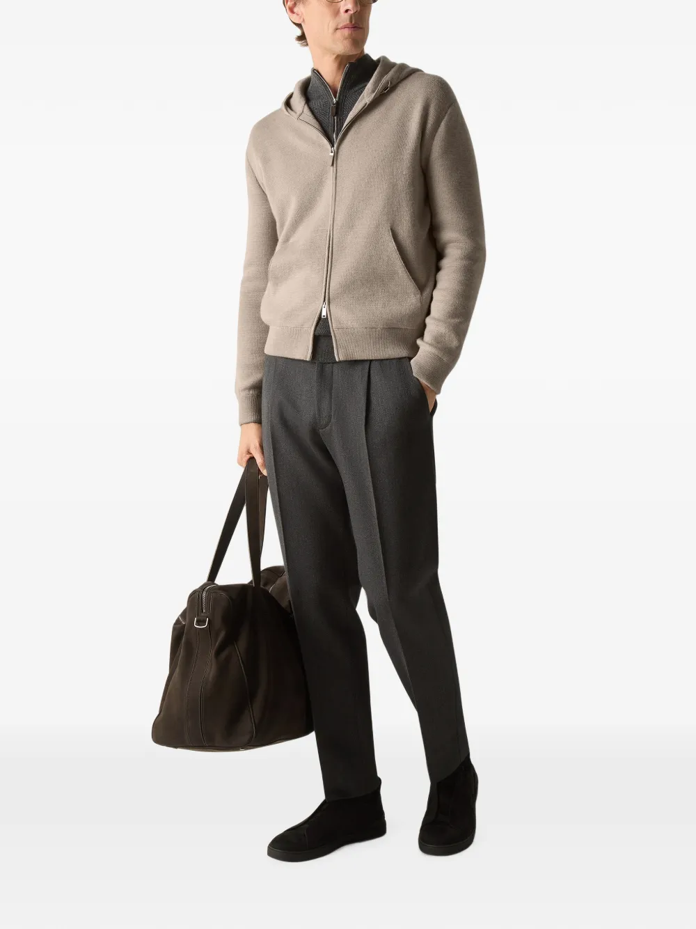 Zegna Mélange kasjmier en katoenen hoodie met rits Beige