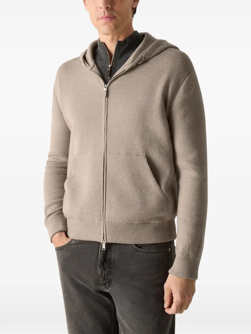 Zegna Mélange kasjmier en katoenen hoodie met rits Beige