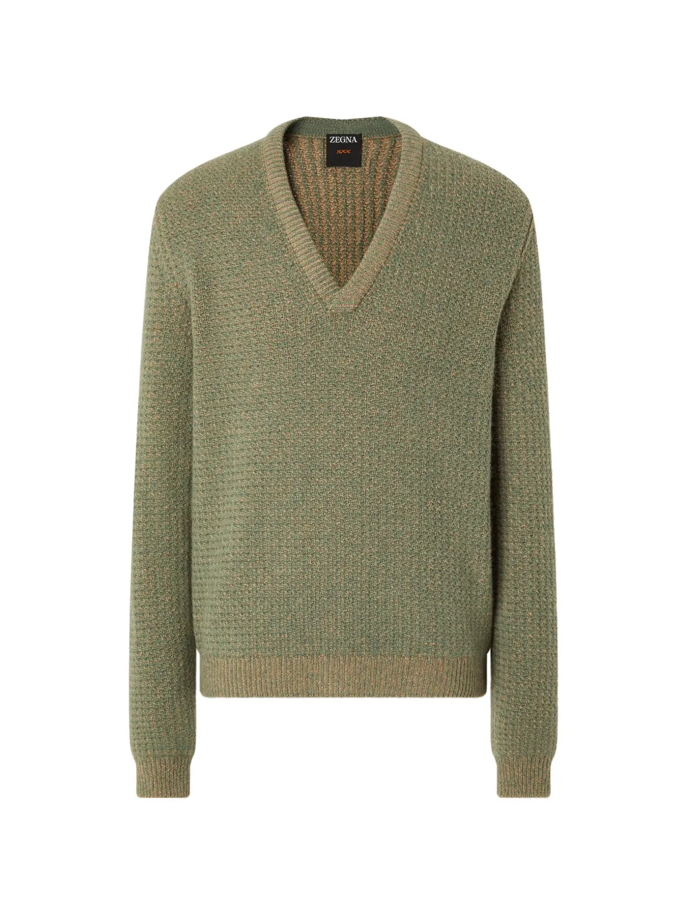 Zegna beige and light green camel and cashmere V-neck sweaterr Groen