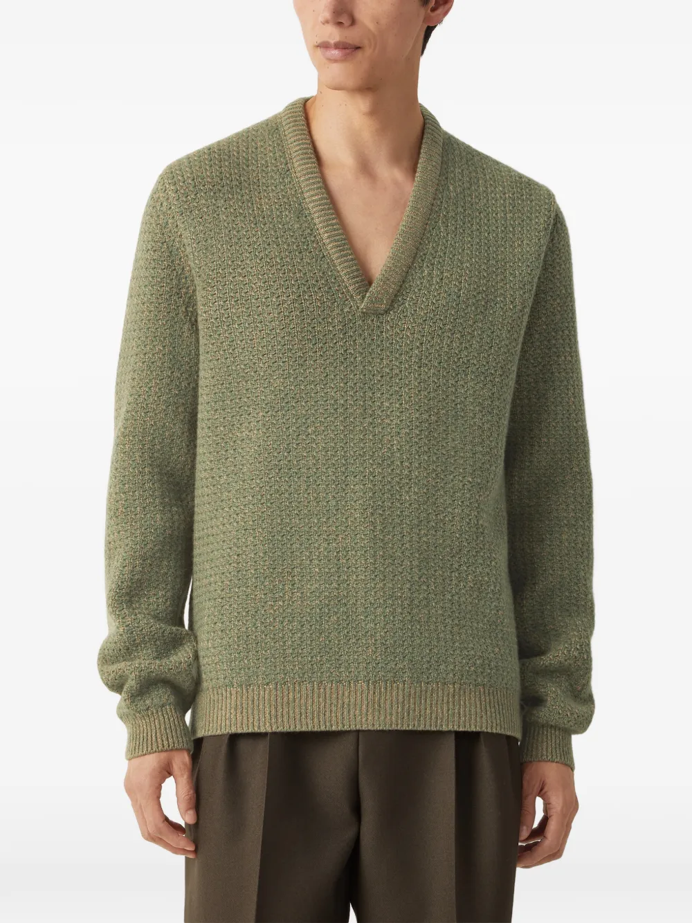 Zegna beige and light green camel and cashmere V-neck sweaterr Groen