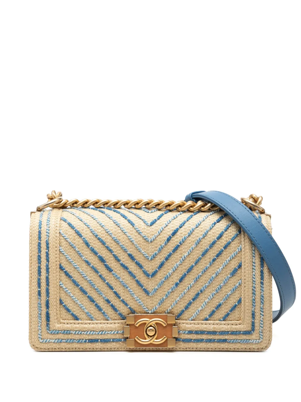 CHANEL Pre-Owned Borsa a spalla Boy media in rafia con battente e motivo chevron 2019 - Toni neutri
