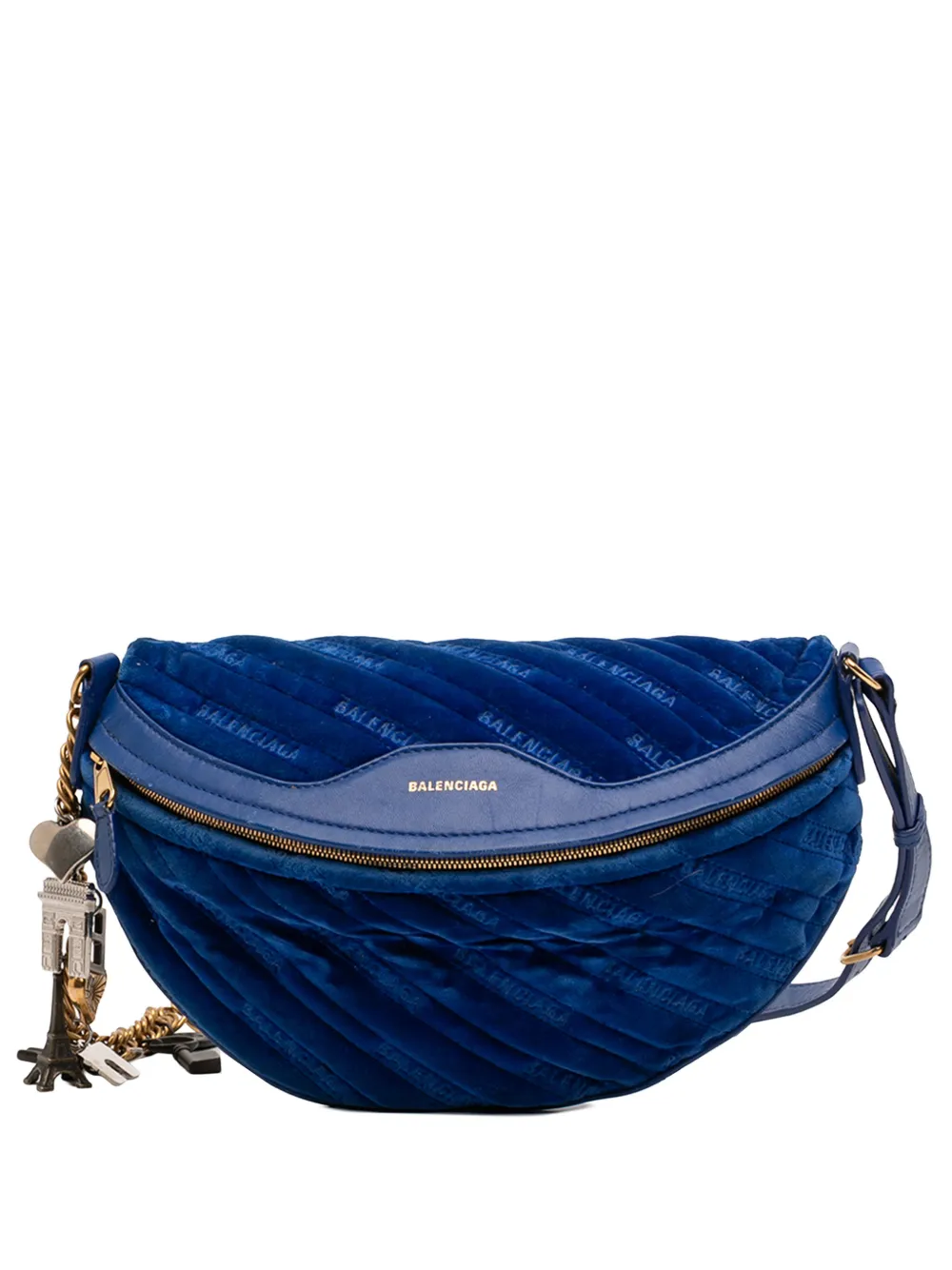 Balenciaga Pre-Owned 2018 Diagonal Quilted Velvet Allover Logo Souvenir XS belt bag - Blue