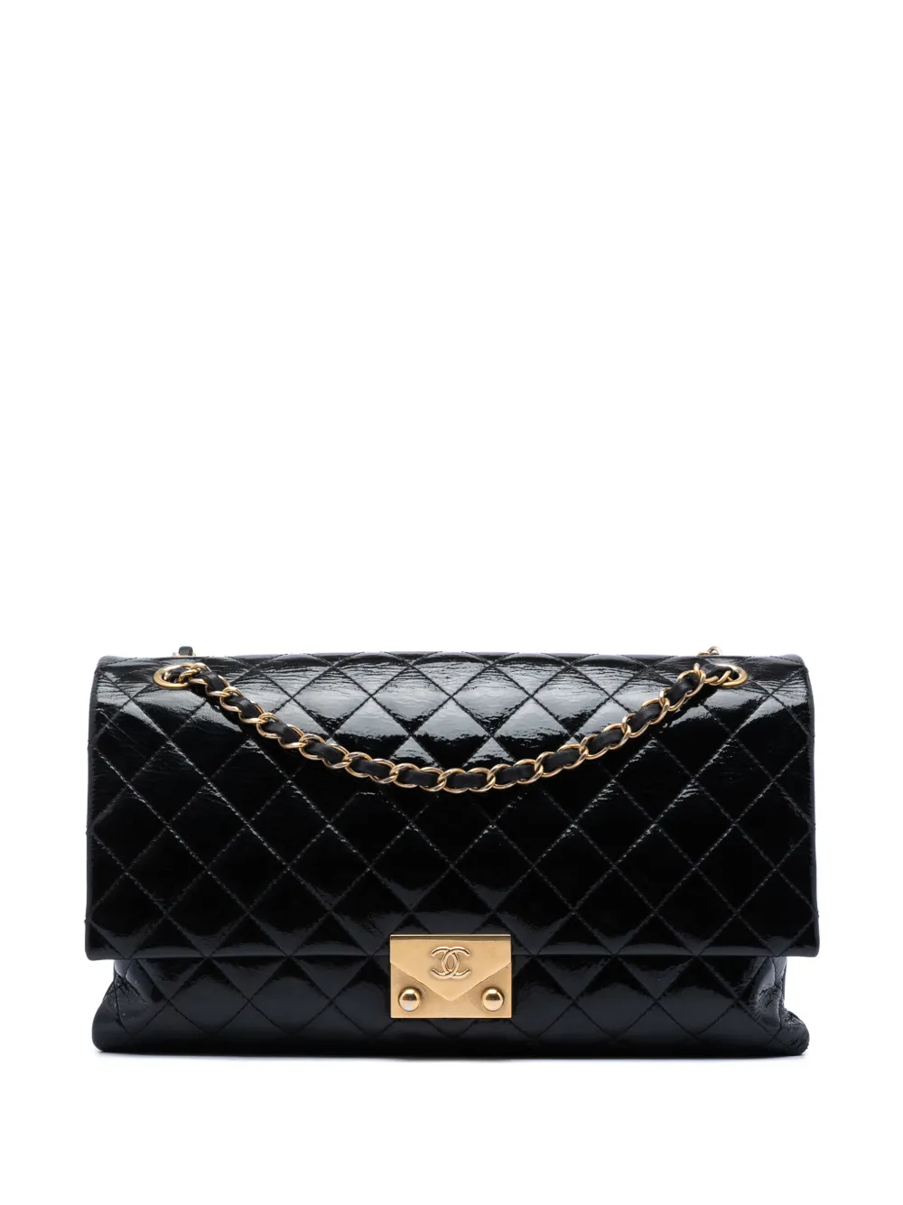 CHANEL Pre-Owned Borsa a spalla a fisarmonica in pelle verniciata trapuntata con battente 2015-2016 - Nero