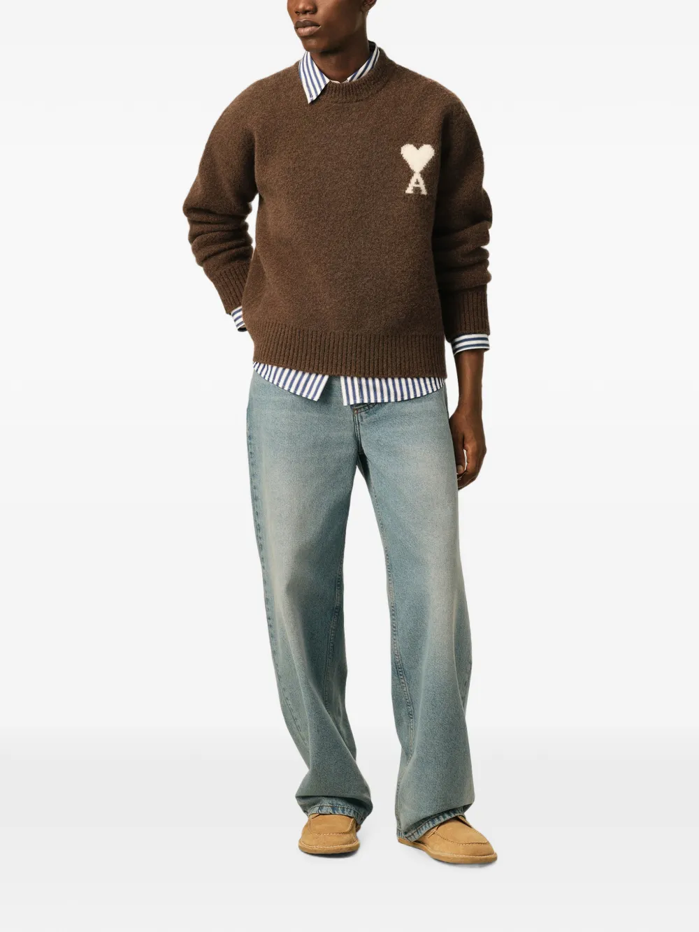 AMI Paris Alpaca trui met ronde hals en Ami de Coeur Bruin