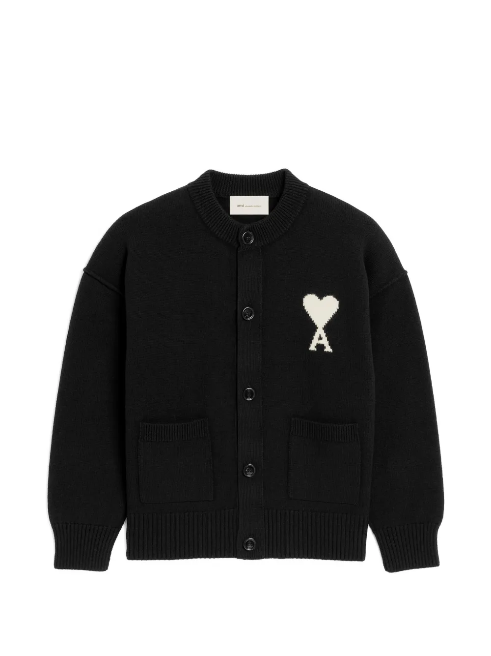 AMI Paris crewneck wool cardigan with Ami de Coeur - Nero