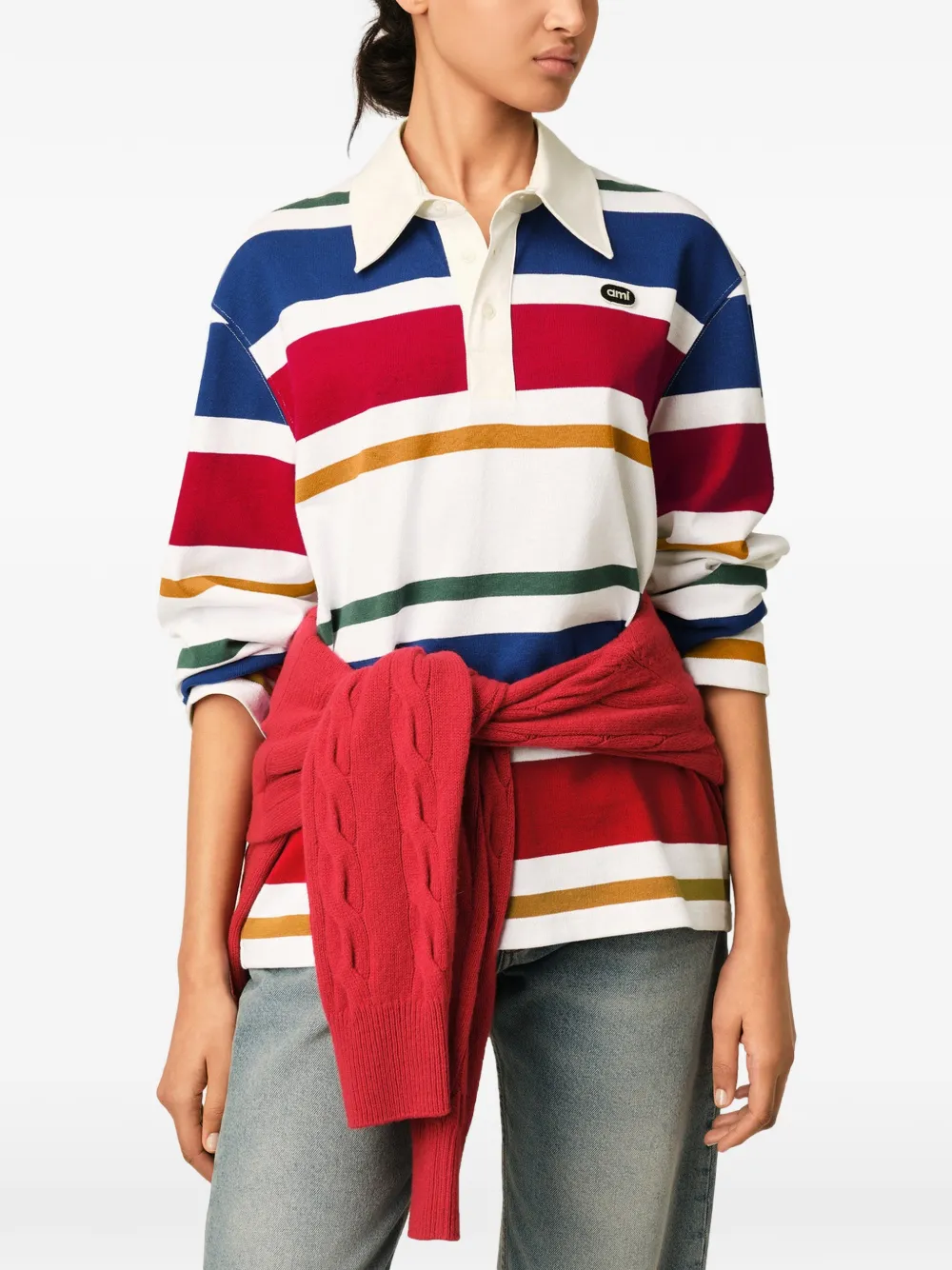 AMI Paris Veelkleurig gestreept katoenen poloshirt met Ami-patch en lange mouwen Beige