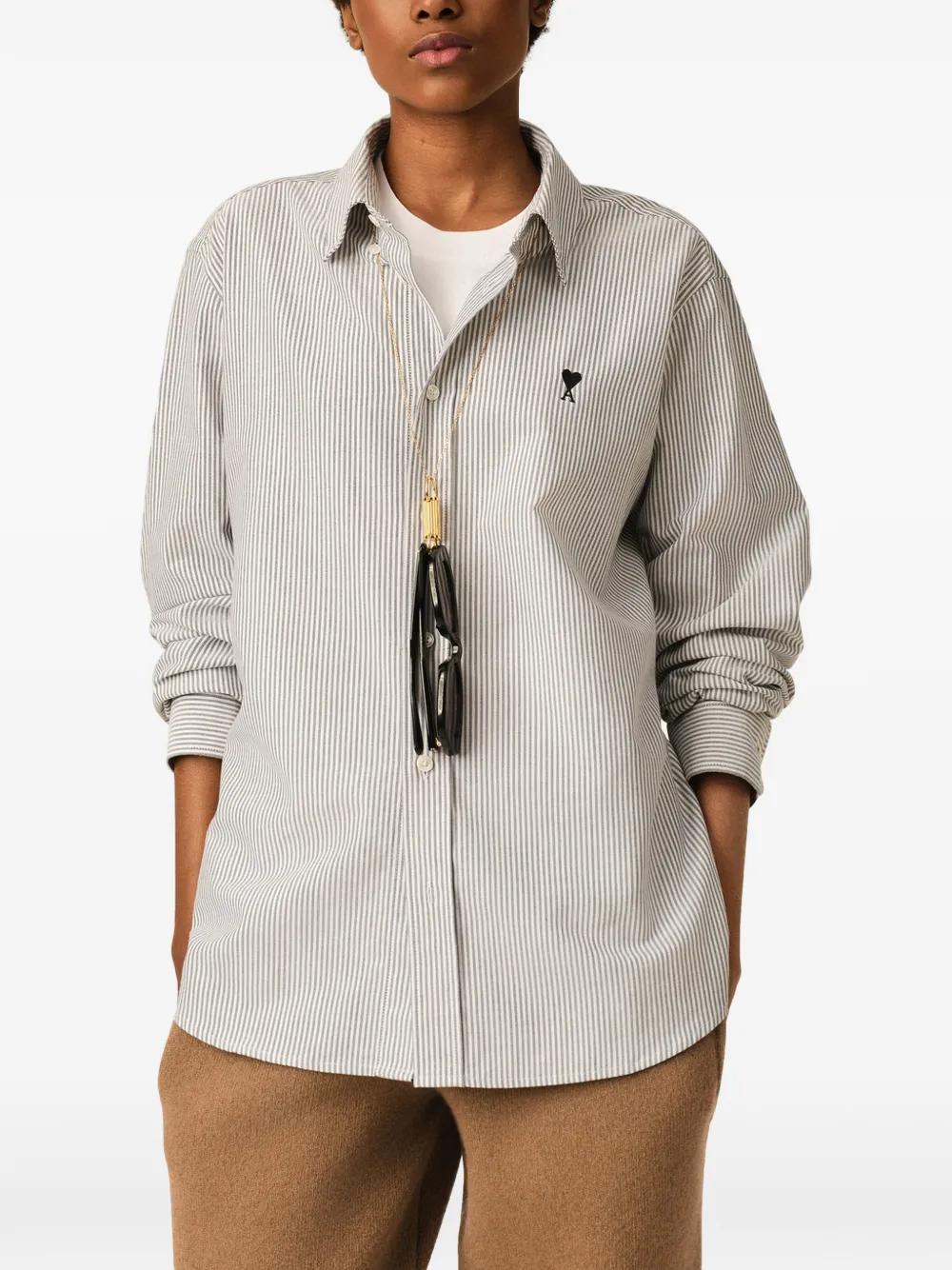 AMI Paris Gestreept katoenen shirt met Ami de Coeur Wit
