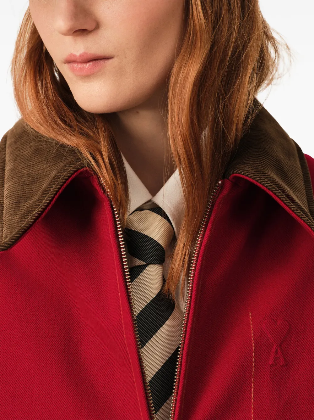 AMI Paris Cotton Zipped Jacket with Ami De Coeur in Red, view 5