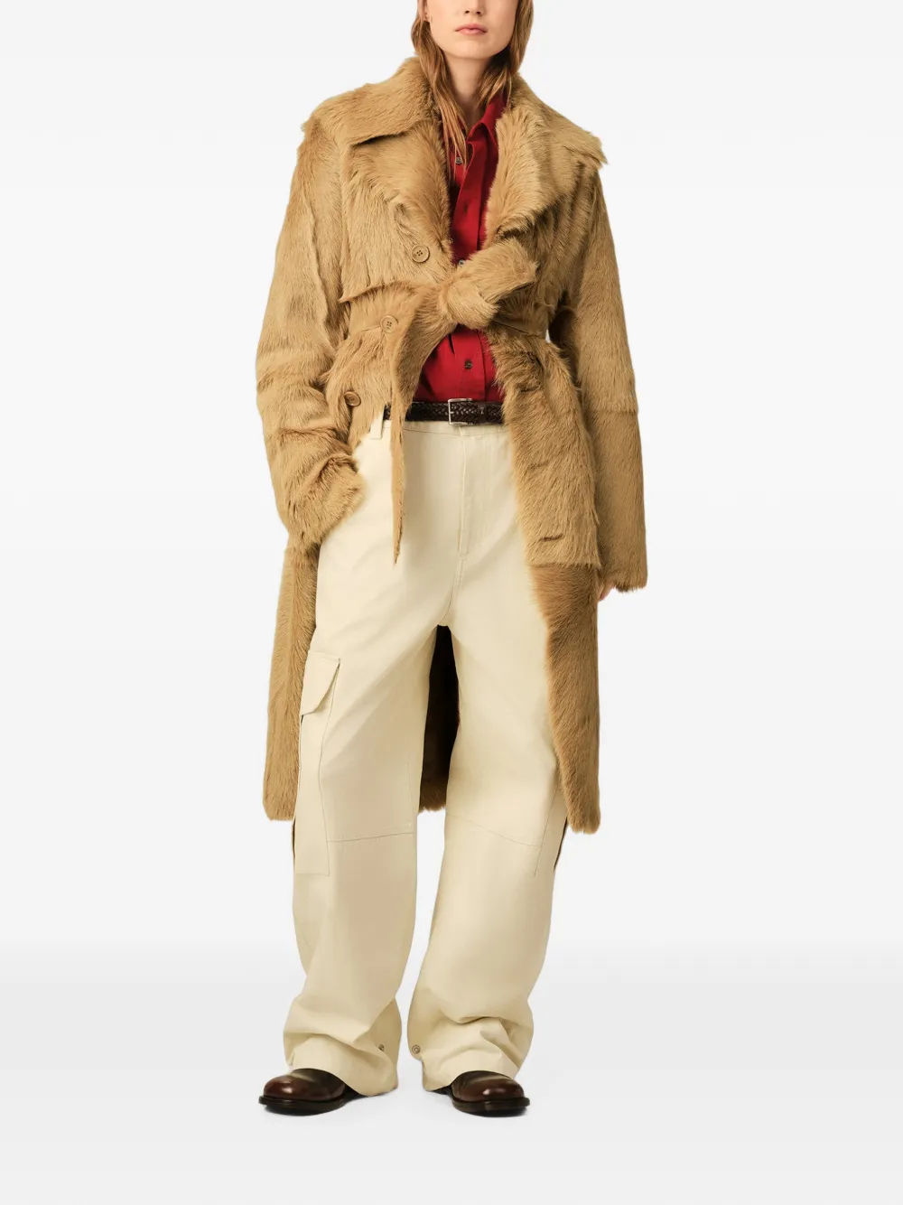AMI Paris Leren jas met ceintuur Beige
